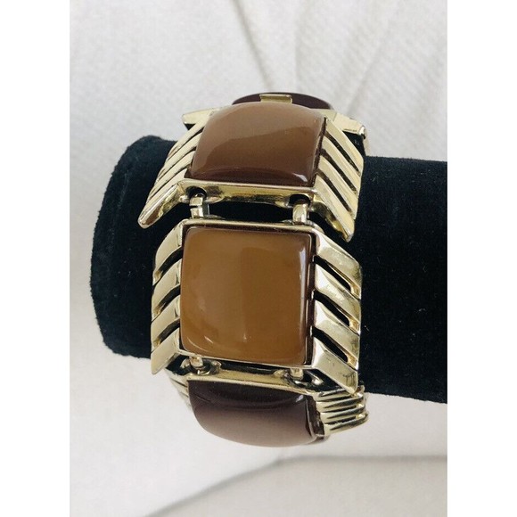 Vintage Charel ~Signed Brown Caramel Moonstone Thermoset Bracelet - Picture 2 of 14